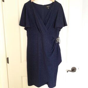 NWT Ignite Evenings Short Sleeve Surplice V-Neck Sheath Dress Navy Blue Size 16